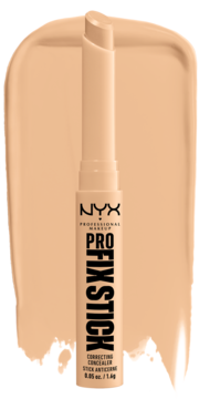 NYX Pro Fix Stick korektor w sztyfcie 06 natural, stojący na pionowym, kremowym swatchu produktu.