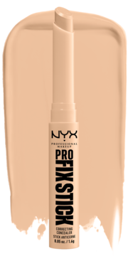 NYX Pro Fix Stick 05 Vanilla, beżowy korektor w sztyfcie, na jasnobeżowej próbce koloru, widok z przodu.