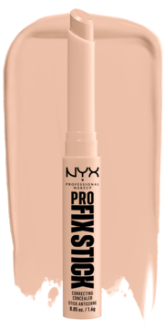 NYX Pro Fix Correcting Stick 04 light, beżowy korektor w sztyfcie, widok z przodu z aplikatorem i smugą.