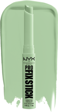 NYX Pro Fix Stick 01 green, zielony korektor w sztyfcie, stojący na tle zielonej smugi.