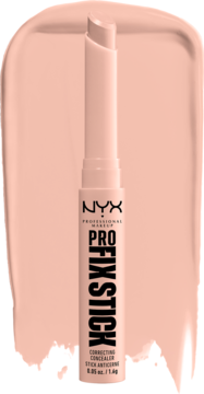 NYX Pro Fix korektor w sztyfcie, odcień 02 pink, widok z przodu, na tle pasującej smugi produktu.