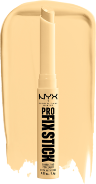 Korektor w sztyfcie NYX Pro Fix 03 yellow, widok z przodu na tle smugi produktu. Opakowanie beżowe z czarnym napisem.