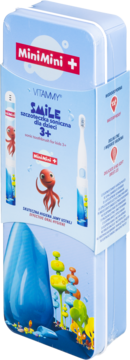 Vitammy SMILE szczoteczka soniczna dla dzieci 3+ w niebieskim opakowaniu z czerwoną ośmiornicą, widok z przodu i boku.