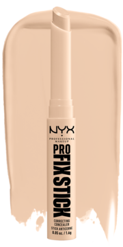 NYX Pro Fix Stick nr 03 alabaster, korektor w sztyfcie, otwarty, na tle beżowej smugi produktu.