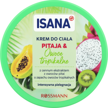 ISANA krem do ciała Pitaja & Owoce tropikalne, zielony słoik z grafiką papai, kiwi i pitaji, widok z góry.