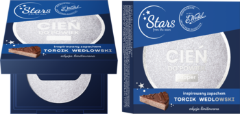 Dwa granatowe opakowania toppera Cień Stars x E. WEDEL, ze srebrnym kołem, zapach Torcik Wedlowski.