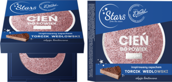 Granatowe opakowanie toppera do powiek Stars x Wedel, z różowo-beżowym, błyszczącym okręgiem i torcikiem.