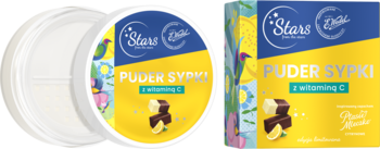 Sypki puder do twarzy Stars x E.WEDEL z witaminą C, w białym otwartym opakowaniu i kolorowym kartonie.