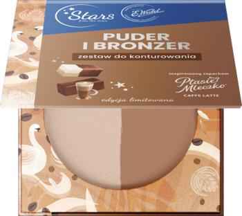 Paleta do konturowania Stars x Wedel Ptasie Mleczko Caffe Latte, otwarty puder i bronzer w brązach, widok z góry.