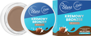 Kremowy bronzer Stars x E.WEDEL w otwartym słoiczku i opakowaniu, odcień 01 kontur, zapach mlecznej czekolady.