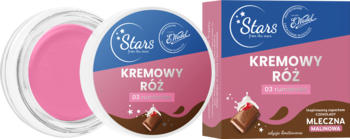 Kremowy róż Stars x E.Wedel 03 Rumieniec w otwartym słoiczku i pudełku, inspirowany czekoladą malinową.