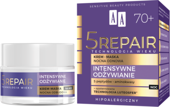 Biały słoiczek kremu-maski AA 5 Repair Intensywne Odżywianie 70+ i fioletowe pudełko obok.
