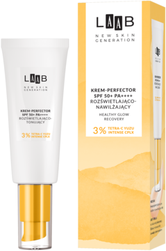 LAAB Krem-perfector SPF 50+ rozświetlający z Tetra-C Yuzu, biała tubka i żółto-białe opakowanie.