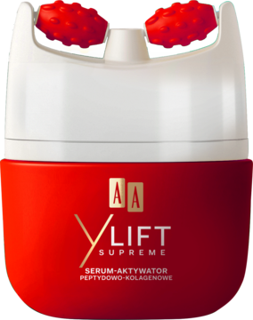 AA YLift Supreme peptydowo-kolagenowe serum do twarzy z masażerem. Czerwono-biała butelka z dwoma spiczastymi rolkami.