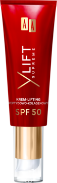 Czerwona tubka AA Lift Supreme SPF 50 krem-lifting peptydowo-kolagenowy z złotym napisem, widok z przodu.