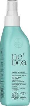 Miętowy spray Neboa Extra Volume dla włosów, zwiększa objętość od nasady, z limonką i proteinami, widok z przodu.