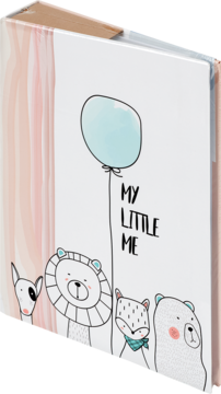 Okładka Hama albumu na zdjęcia dla dzieci, z rysunkami zwierząt, niebieskim balonem i napisem "MY LITTLE ME".