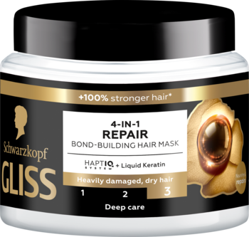 Schwarzkopf Gliss 4-in-1 Repair maska do włosów. Biały słoik z czarno-złotą etykietą, dla mocniejszych włosów.