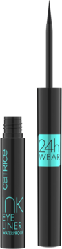 Catrice Ink Eyeliner 24h Waterproof, dwie czarne butelki: jedna otwarta z cienkim pędzelkiem, druga zamknięta.