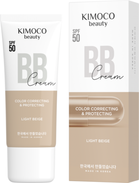 KIMOCO beauty BB Cream SPF 50 w białej tubce i beżowym opakowaniu, przód produktu i pudełka.