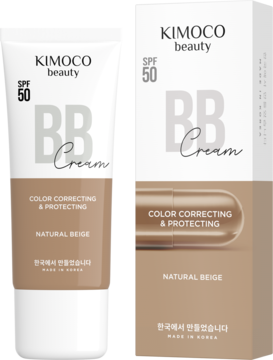 Krem BB KIMOCO Beauty SPF 50 naturalny beż, tubka i pudełko, widok z przodu obok siebie.