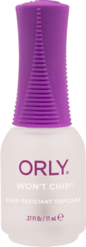 Orly Won't Chip top coat w białej butelce z fioletową zakrętką, widok z przodu, na etykiecie 11ml.