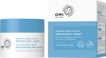 OMI krem nawilżająco-kojący dzień/noc: biały słoiczek z błękitną nakrętką i pasujące pudełko, widok przód.