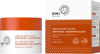 OMI krem na dzień/noc odżywczo-rozświetlający. Biały słoiczek z pomarańczową nakrętką i pudełko obok.