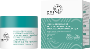 OMI Daily Care krem przeciwzmarszczkowy 50+ w białym słoiku z turkusową pokrywką i pudełku, widok z przodu.