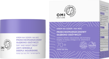 Krem OMI 70+ anti-aging i odżywczy w fioletowym słoiczku i pudełku, widok z przodu na białym tle.