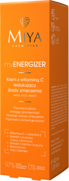 Pomarańczowe pudełko Miya myENERGIZER Krem z witaminą C, redukujący ślady zmęczenia, widok z przodu, 40ml.