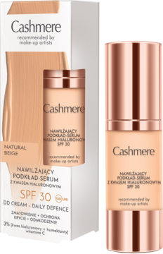 Beżowy podkład-serum Cashmere Daily Defence SPF 30 Natural Beige w kartoniku i butelce z pompką.
