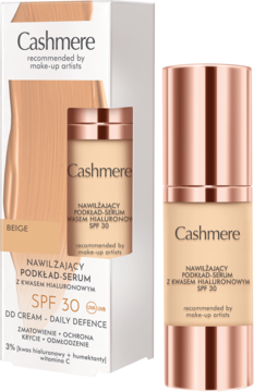 Cashmere Daily Defence, nawilżający podkład-serum SPF 30 w beżowej butelce i białym pudełku z rose gold.