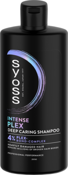 Syoss Intense Plex Deep Caring Shampoo, czarna butelka z irydującym logo, do włosów zniszczonych, widok z przodu.