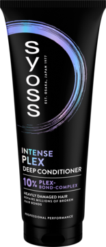 Syoss Intense Plex Deep Conditioner w czarnej tubie z iryzującym wzorem, widok z przodu. 10% Plex-Bond-Complex.