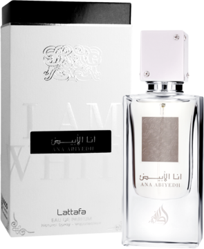 Lattafa Ana Abiyedh unisex woda perfumowana w eleganckim białym pudełku i szklanej butelce z srebrnymi detalami, widok z przodu.