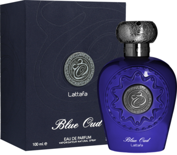 Lattafa Blue Oud EDP, granatowa, bogato zdobiona butelka z metalową nakrętką, przed dopasowanym pudełkiem.