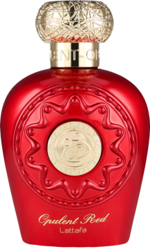 Lattafa Opulent Red, intensywnie czerwony flakon perfum ze złotym, misternie rzeźbionym korkiem i centralnym emblematem. Widok z przodu.