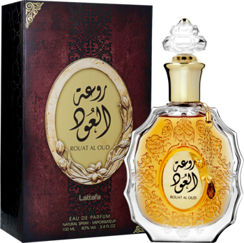Perfumy Lattafa Rouat Al Oud EDP: czerwone pudełko i złota butelka z bogatymi arabskimi zdobieniami.
