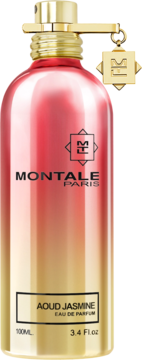 Montale Aoud Jasmine Eau de Parfum 100ml, różowo-złota aluminiowa butelka, złoty atomizer i logo. Frontalny widok.