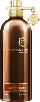Montale Boise Fruite EDP, aluminiowa brązowa butelka z logo Montale, złoty korek, widok frontalny.