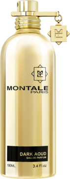 Złota butelka perfum Montale Dark Aoud 100ml, czarna etykieta, logo marki i złoty charms na korku.