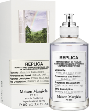 Maison Margiela Replica When the Rain Stops: białe opakowanie z tęczą i butelka 100ml, widok z przodu, zapach unisex.
