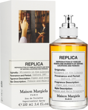 Maison Margiela Replica Whispers in the Library EDT, bursztynowa butelka z białym pudełkiem, przód-bok.