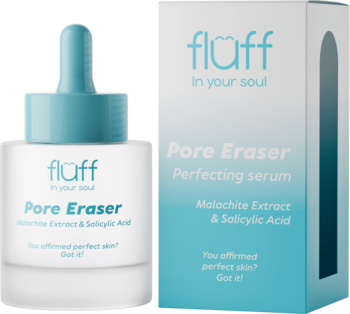 Fluff Pore Eraser Perfecting serum w białej, matowej butelce z zakraplaczem i kartonikiem. Malachite & Salicylic Acid.