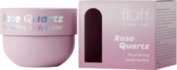 Odżywcze masło do ciała Fluff Rose Quartz w różowym słoiczku i pudełku, widok z przodu na słoik i pudełko.