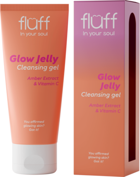 flaff Glow Jelly Cleansing gel z Amber Extract i Vitamin C, pomarańczowo-różowa tubka i pudełko, widok z przodu.