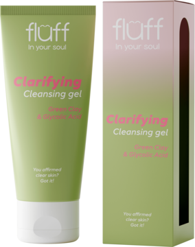 flaff Clarifying Cleansing gel z zieloną glinką i kwasem glikolowym, oliwkowa tuba i pudełko, widok z przodu.