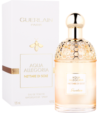 Guerlain Aqua Allegoria Nettare Di Sole, woda toaletowa. Przezroczysta butelka ze złotym korkiem-plaster miodu i białe pudełko, przód.