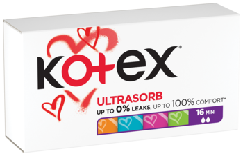 Białe pudełko tamponów Kotex Ultrasorb mini, 16 sztuk, z czerwonym logo, widok z przodu pod kątem.